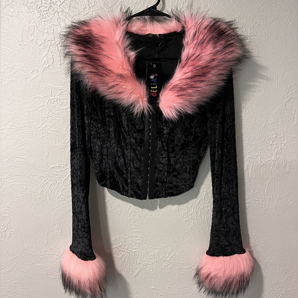 Delia’s x Dolls Kill Fur trimmed semi sheer top size M